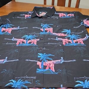 Retro Rifle Navy Blue Shirt with Vibrant Blue and Pink Rifle Design XL